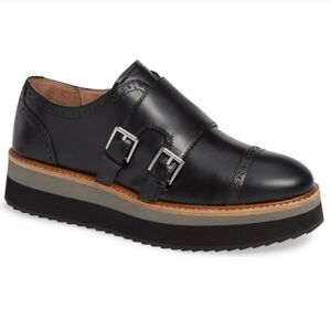 Halogen Monk Strap Oxford Shoes Black Leather Cap Toe Platform Women's Size 7M